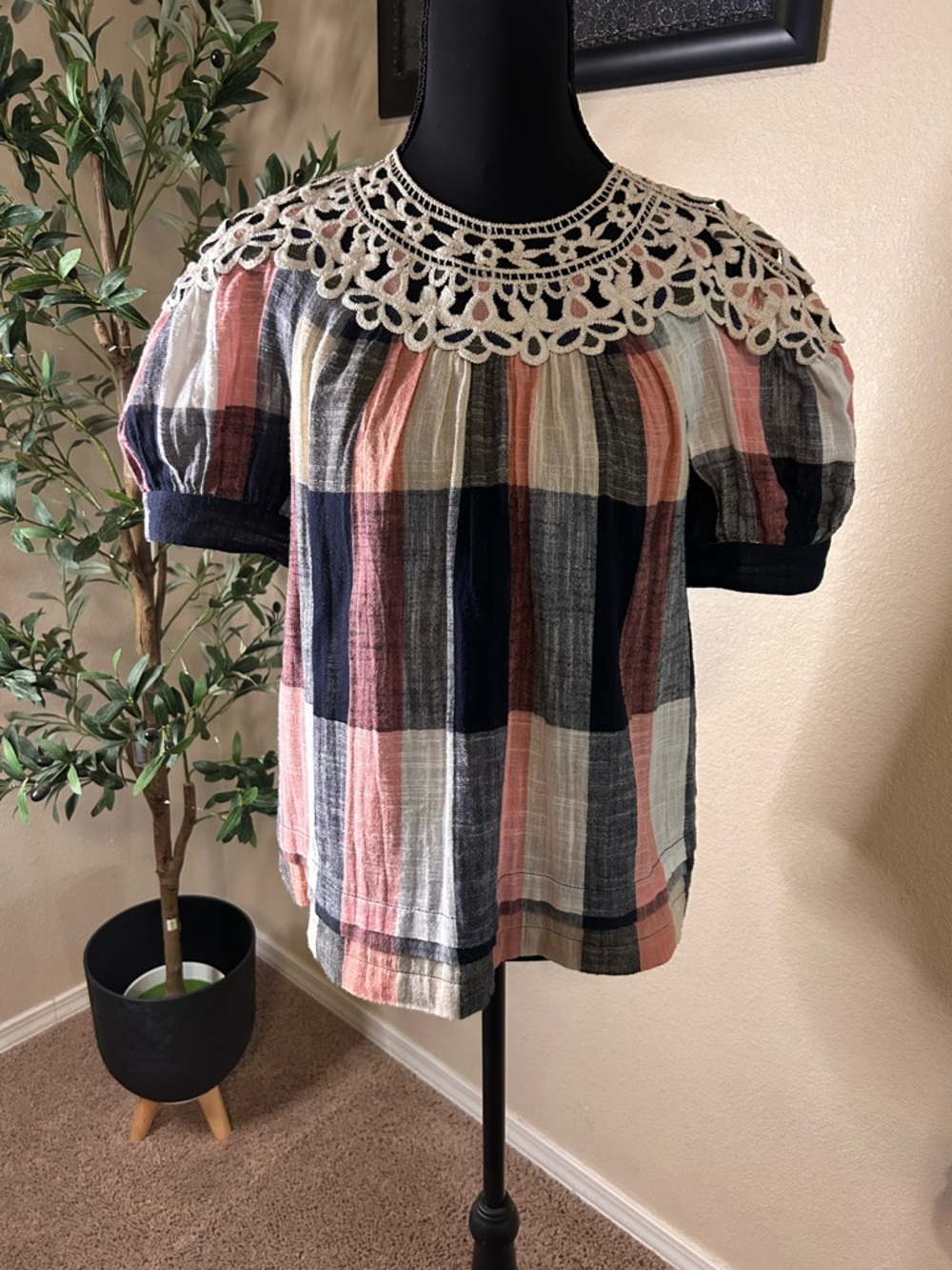 Anthropologie Crochet Yoke Plaid Puff Sleeve Top - Navy, Cream, Pink